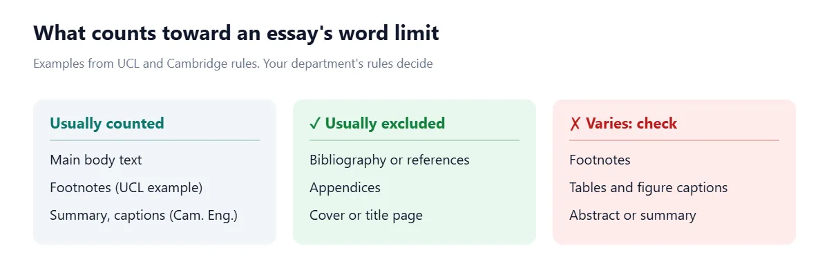 Three columns: usually counted (main body text; footnotes in UCL's example; summary and captions for Cambridge Engineering); usually excluded (bibliography, appendices, cover page); varies (footnotes, tables and captions, abstract), because departments set different rules.