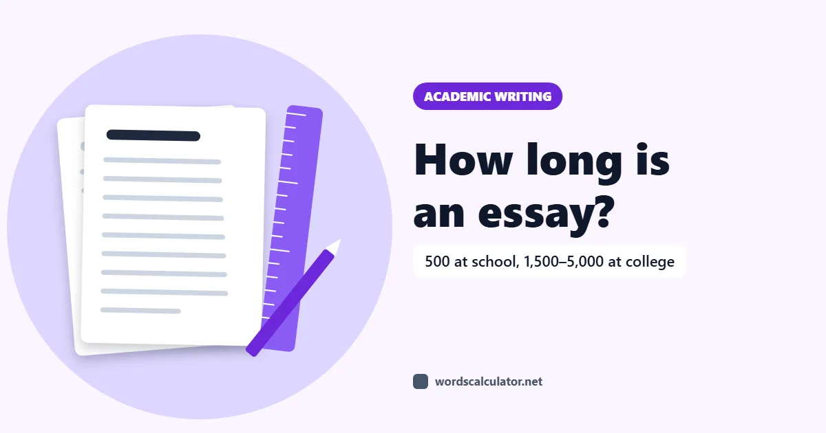How long is an essay? — illustrated cover showing essay pages with a ruler and pencil. 500 at school, 1,500–5,000 at college.