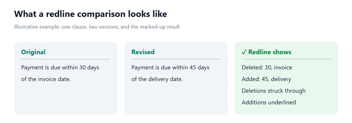 Three cards. Original: 'Payment is due within 30 days of the invoice date.' Revised: 'Payment is due within 45 days of the delivery date.' The redline shows 30 and invoice as deleted with strikethrough, and 45 and delivery as added with underline.