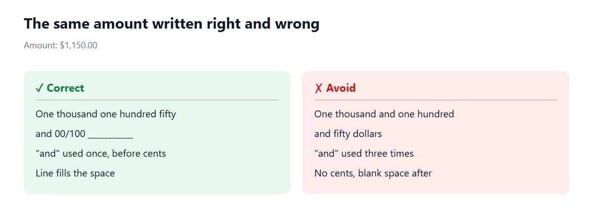 Two versions of $1,150.00. Correct: One thousand one hundred fifty and 00/100, followed by a line, with 'and' used once before the cents. Avoid: One thousand and one hundred and fifty dollars, which uses 'and' three times, has no cents and leaves blank space.