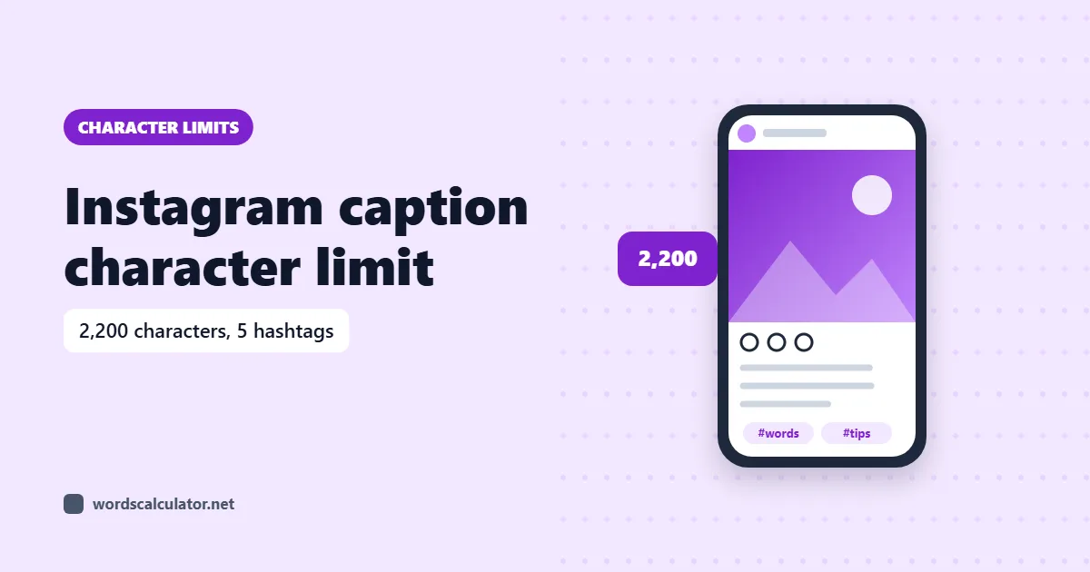 Instagram caption character limit — illustrated cover showing a phone showing a photo post and caption. 2,200 characters, 5 hashtags.