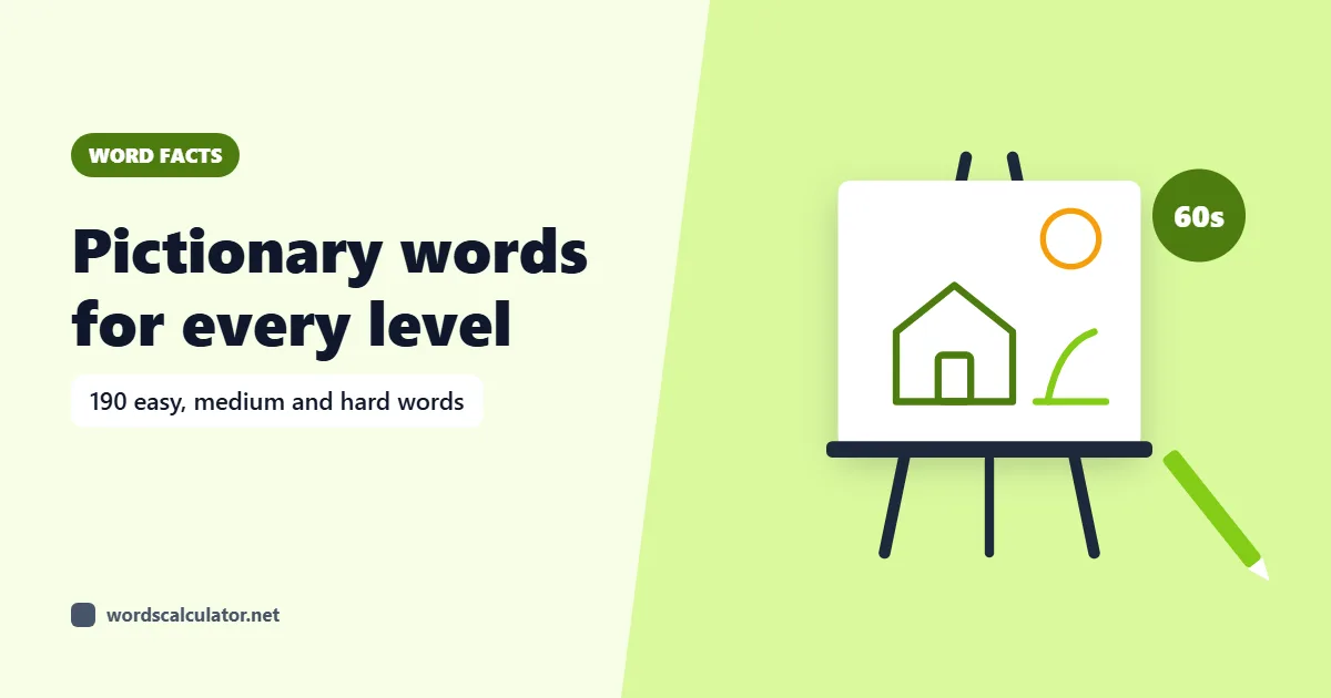 Pictionary words for every level — illustrated cover showing a drawing easel with a sketch. 190 easy, medium and hard words.