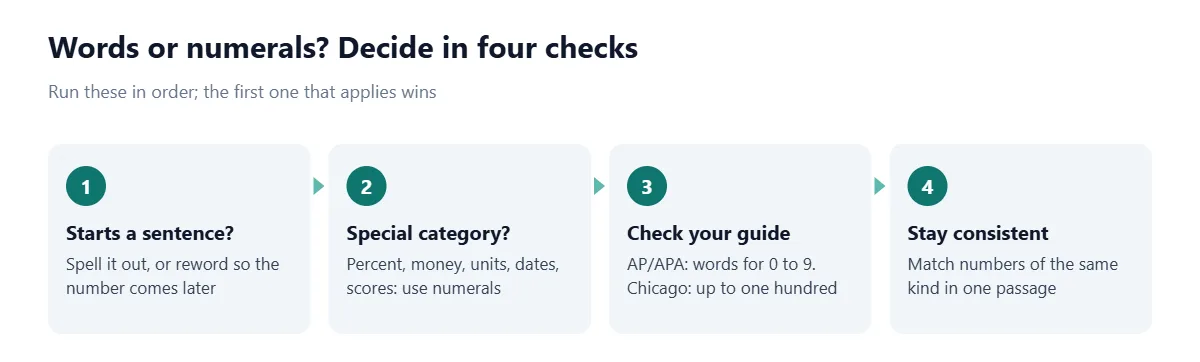 Four-step decision strip. 1: Does the number start a sentence? Spell it out or reword. 2: Is it a percentage, money, unit, date or score? Use numerals. 3: Apply your guide's threshold, words for zero to nine in AP and APA or up to one hundred in Chicago. 4: Keep numbers of the same kind consistent.