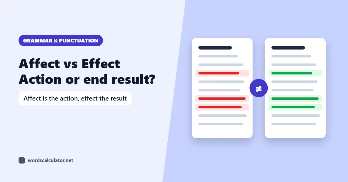 Cover reading Affect vs Effect, Action or end result, with A/E in large type and the line Affect = action, effect = end result